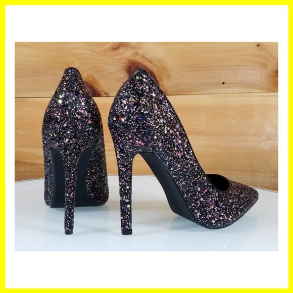 NWT Glitter Pointy Toe Stiletto Pumps Heels Black - Picture 2 of 10